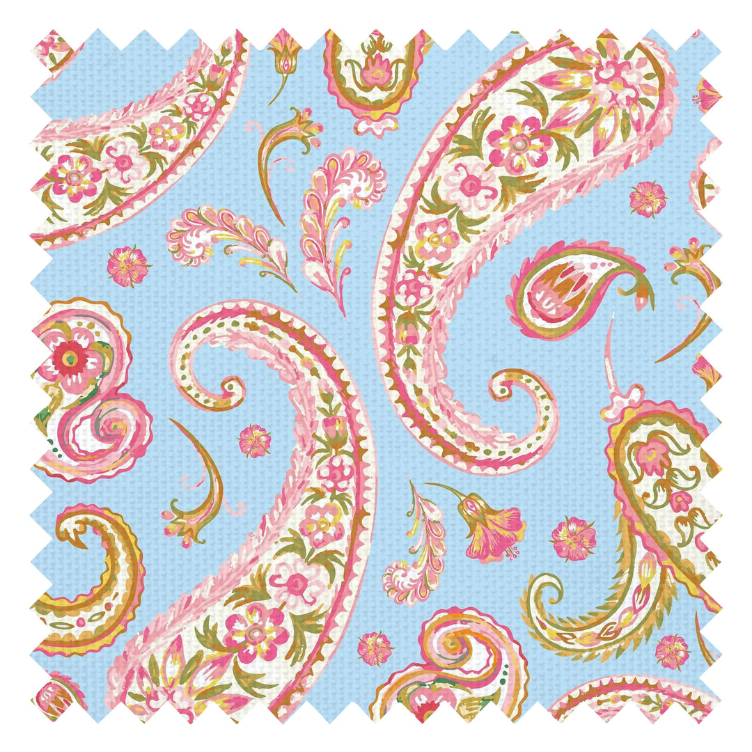 Paisley Passion Fabric in Pinks and Soft Green on Sky Blue