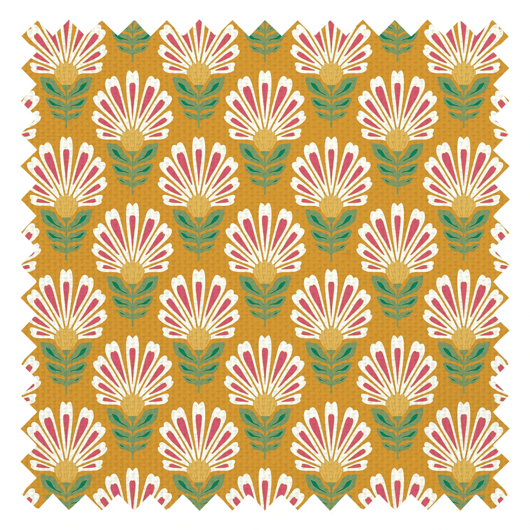 Woodcut Boho Fabric in White and Red on Mustard