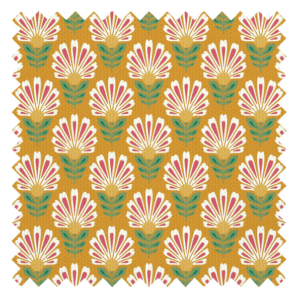Woodcut Boho Fabric in White and Red on Mustard