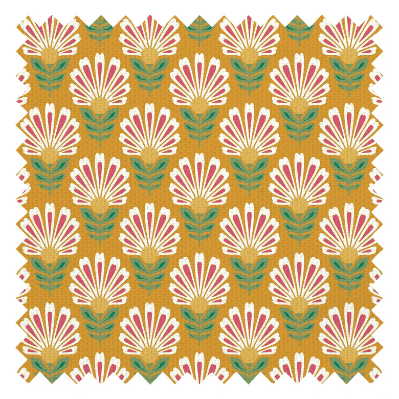 Woodcut Boho Fabric in White and Red on Mustard