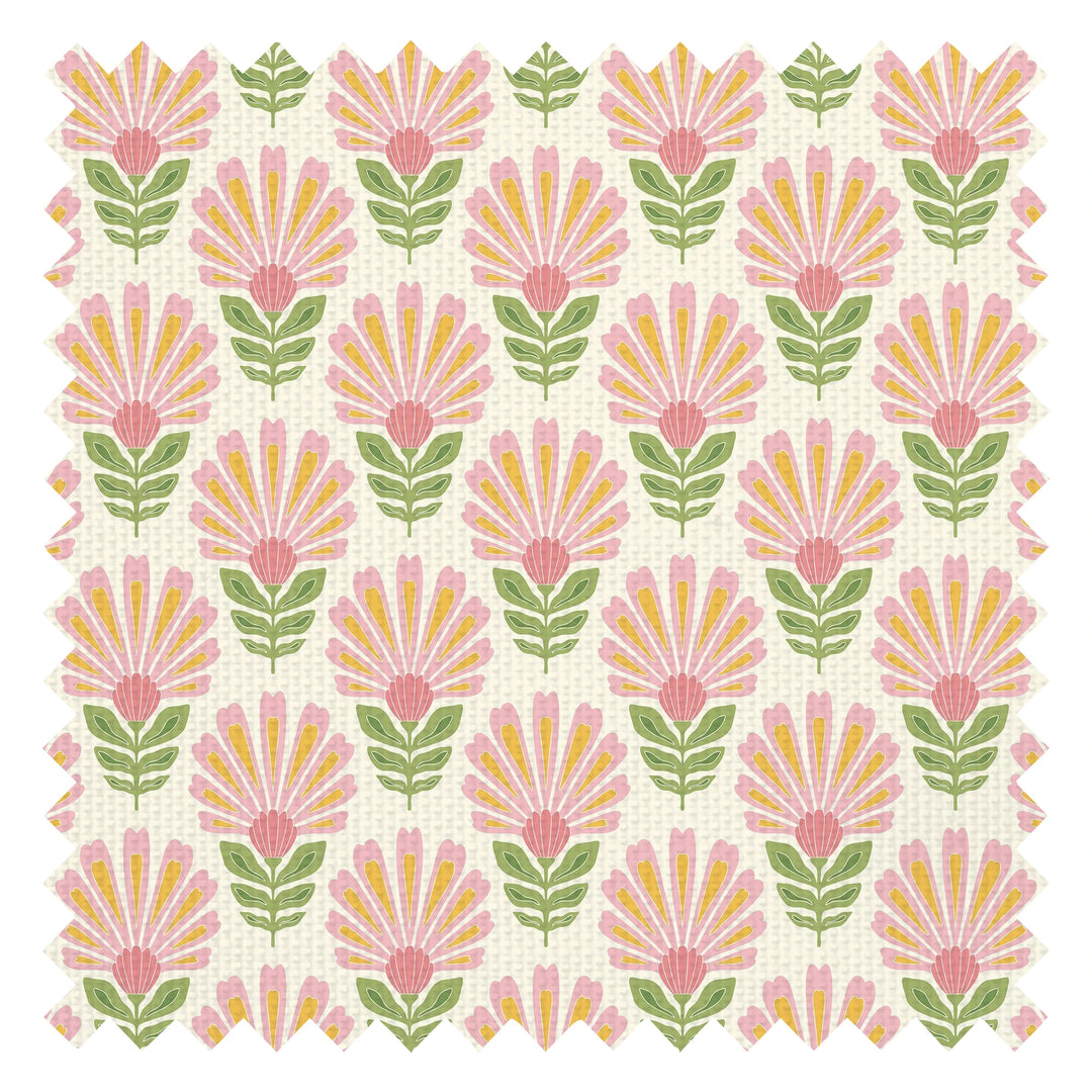 Woodcut Boho Fabric in Pink and Yellow on Double Cream