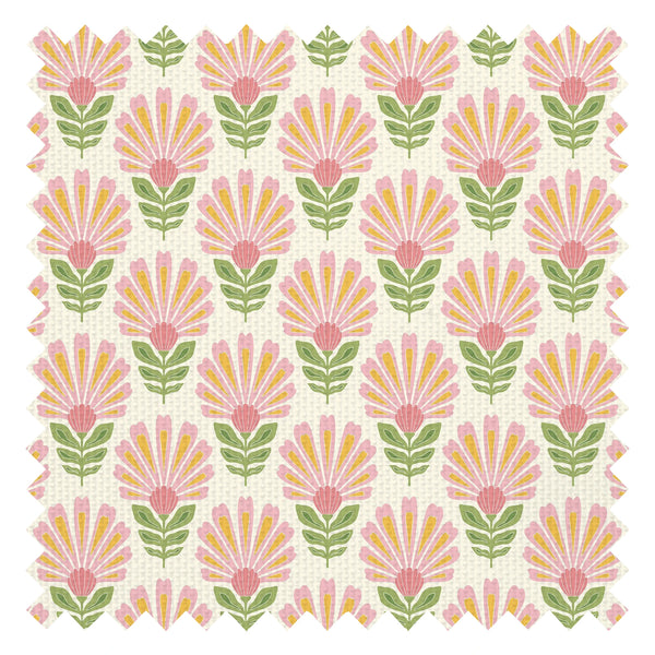Woodcut Boho Fabric in Pink and Yellow on Double Cream