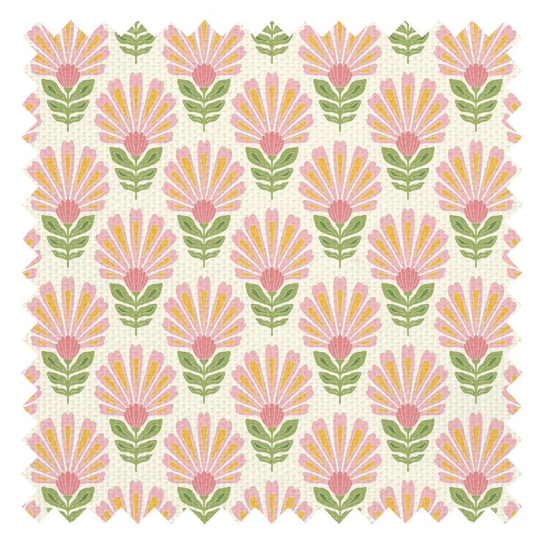 Woodcut Boho Fabric in Pink and Yellow on Double Cream