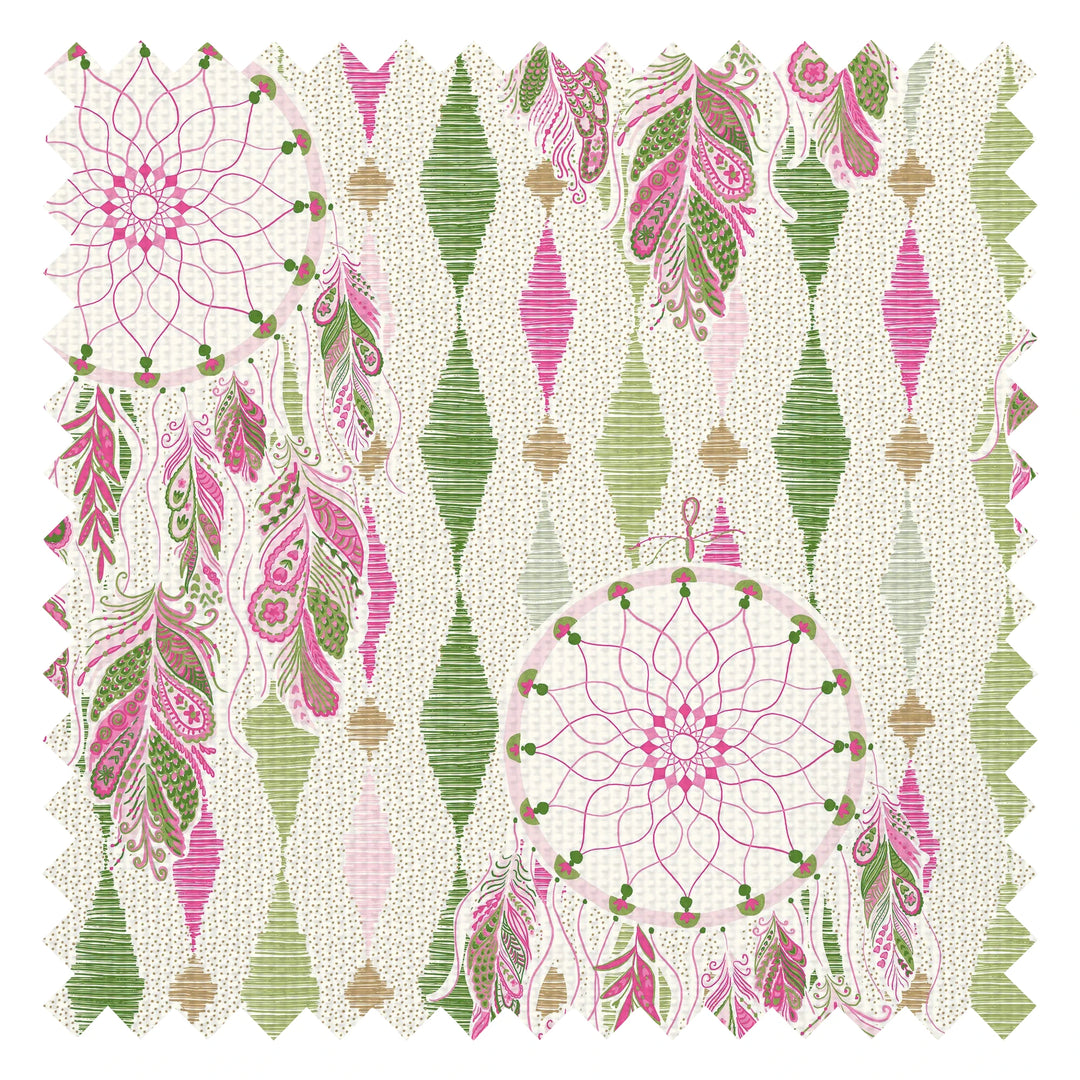 Boho Hoop Fabric in Greens and Raspberry on Cream