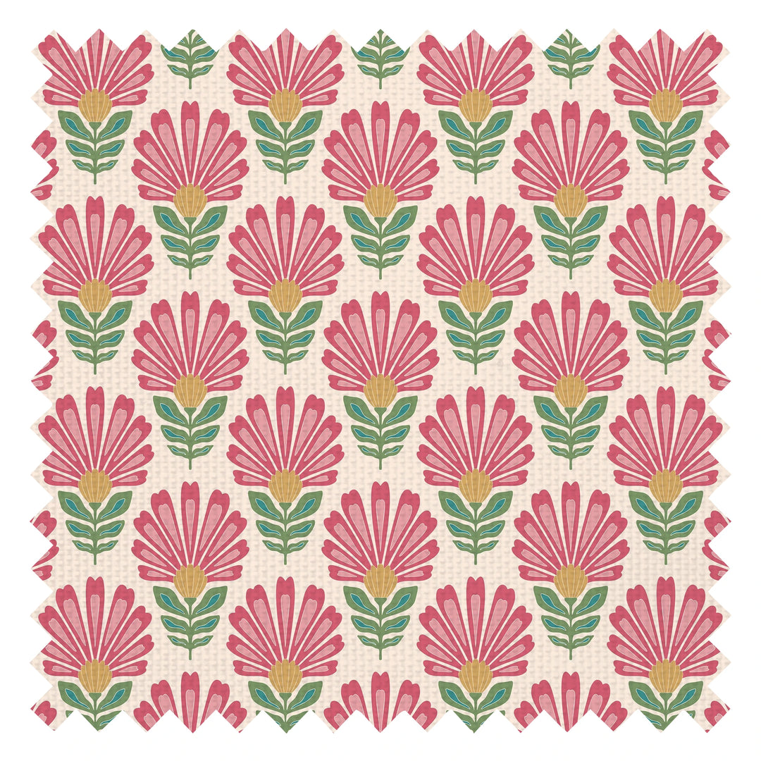 Woodcut Boho Fabric in Rich Red and Pink on Double Cream
