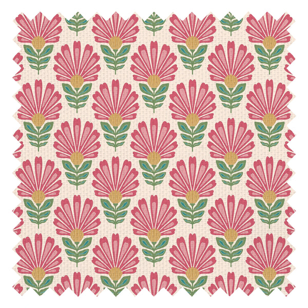 Woodcut Boho Fabric in Rich Red and Pink on Double Cream