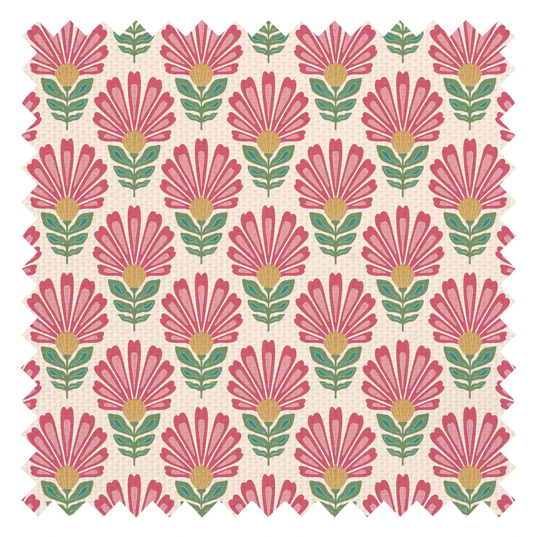 Woodcut Boho Fabric in Rich Red and Pink on Double Cream