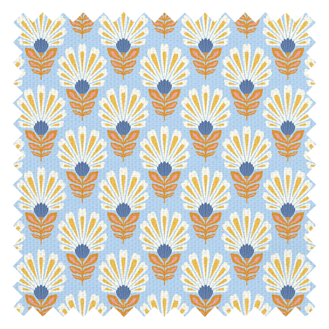 Woodcut Boho Fabric in White and Yellow on Sky Blue