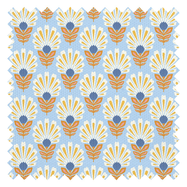 Woodcut Boho Fabric in White and Yellow on Sky Blue