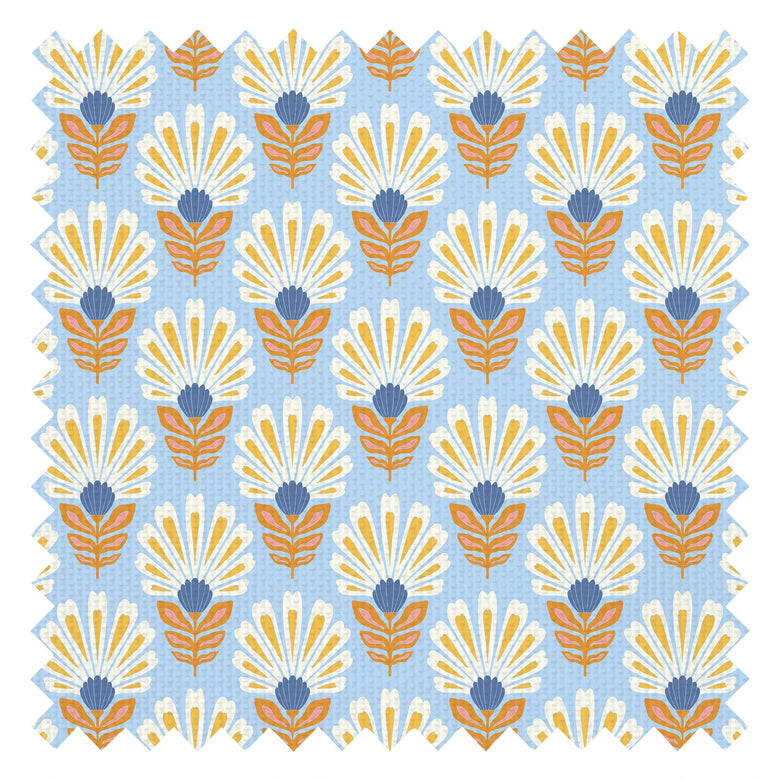 Woodcut Boho Fabric in White and Yellow on Sky Blue