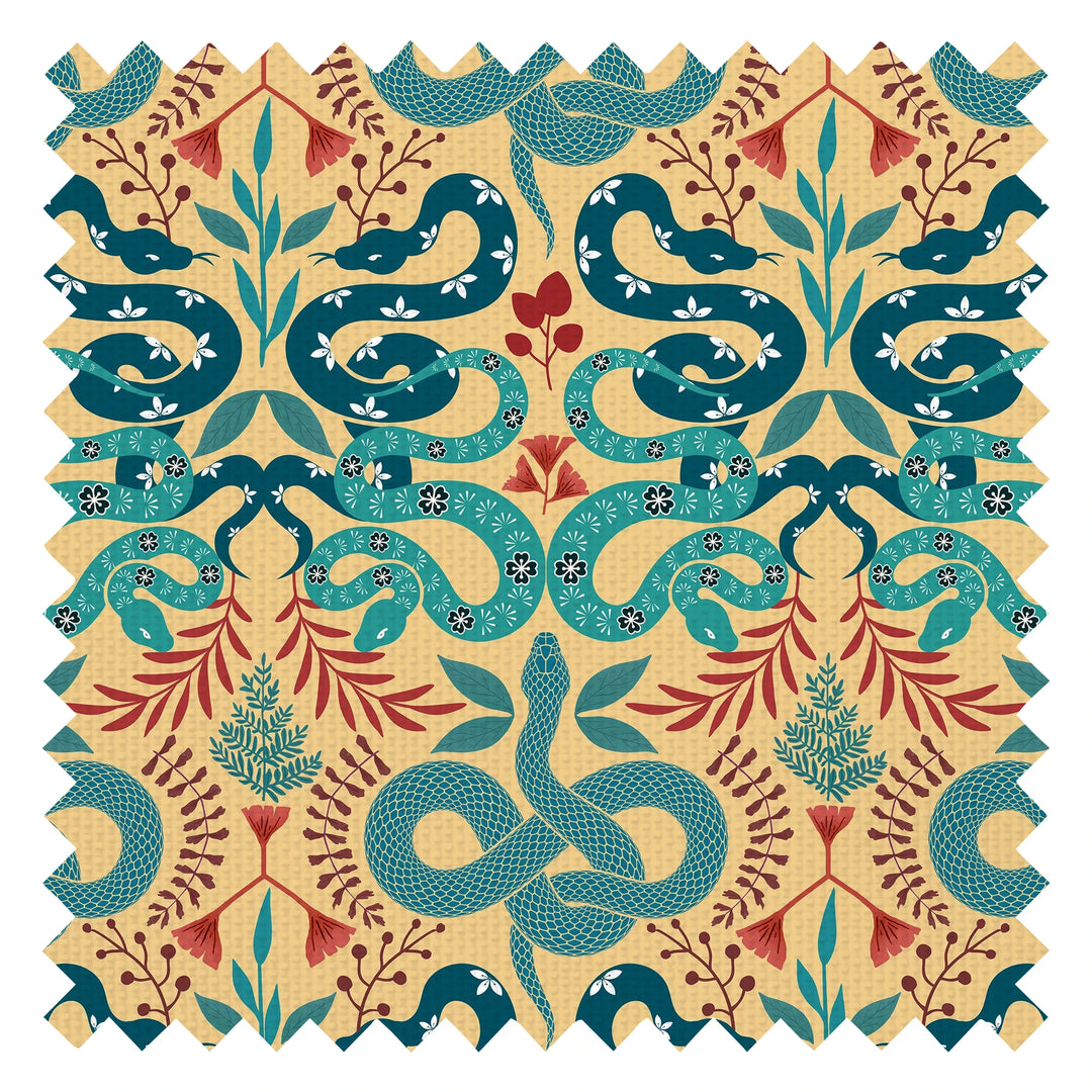Slithering Snake Fabric in Greens and Russet Red on Light Tumeric
