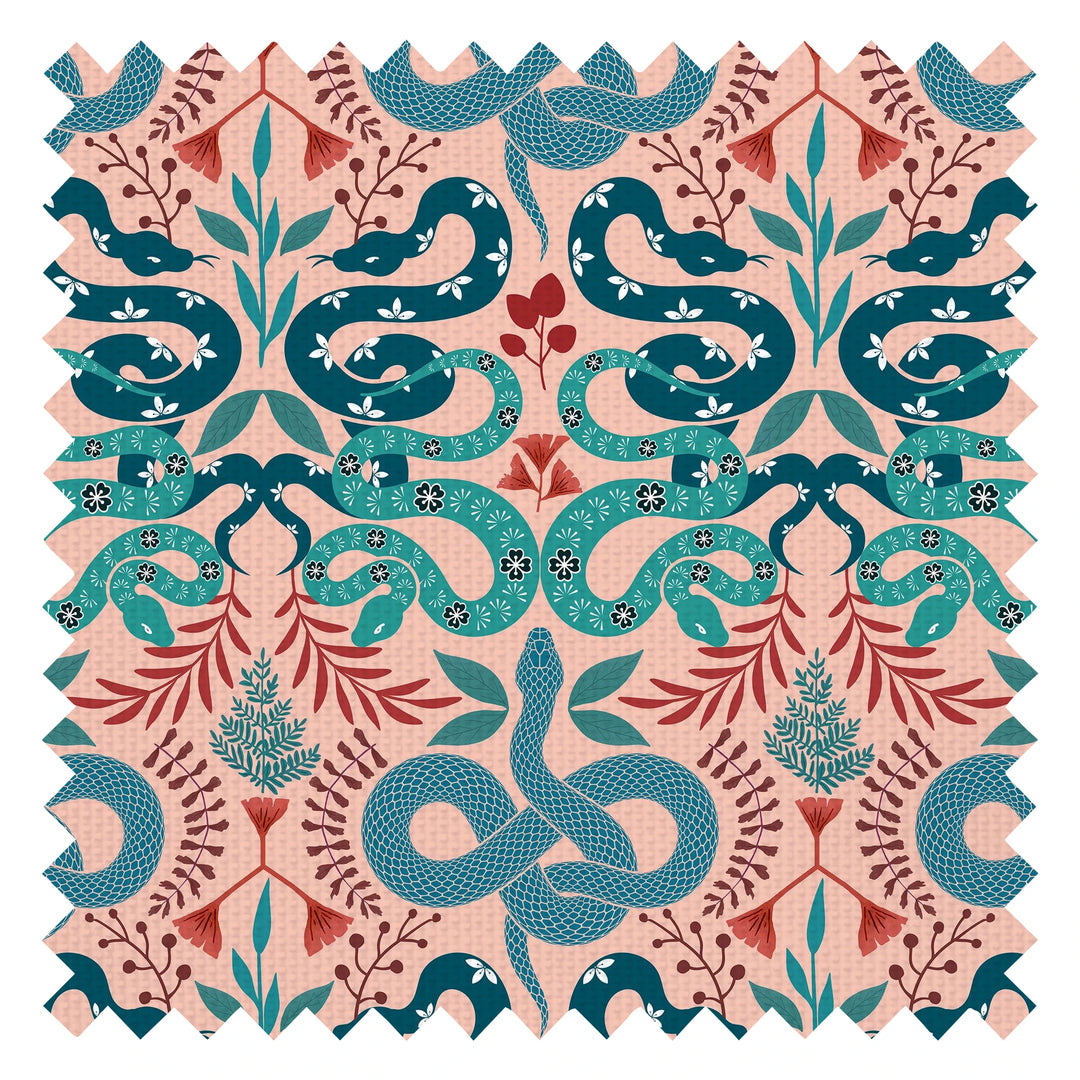 Slithering Snake Fabric in Greens and Russet Red on Sweet Pink