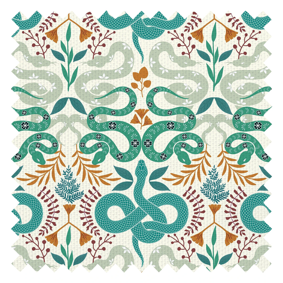Slithering Snake Fabric in Greens and Orange on Vintage Cream