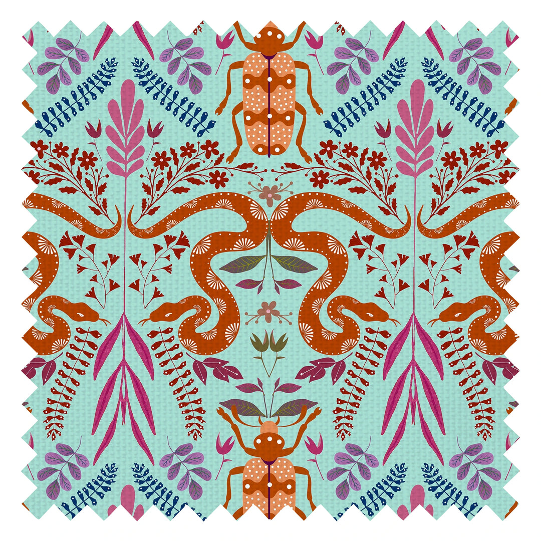 Forest Floor Fabric in Oranges on Turquoise
