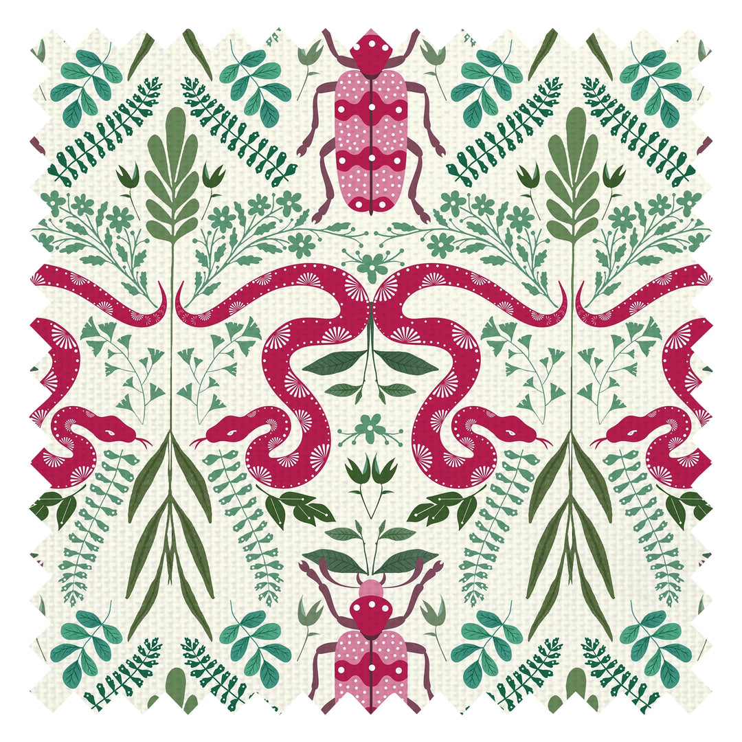 Forest Floor Fabric in Hot Pink on Vintage Cream