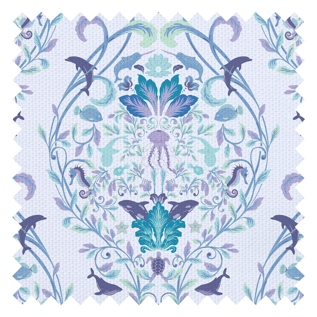 Fantastical Ocean Fabric in Teal and Blue on Sky Blue