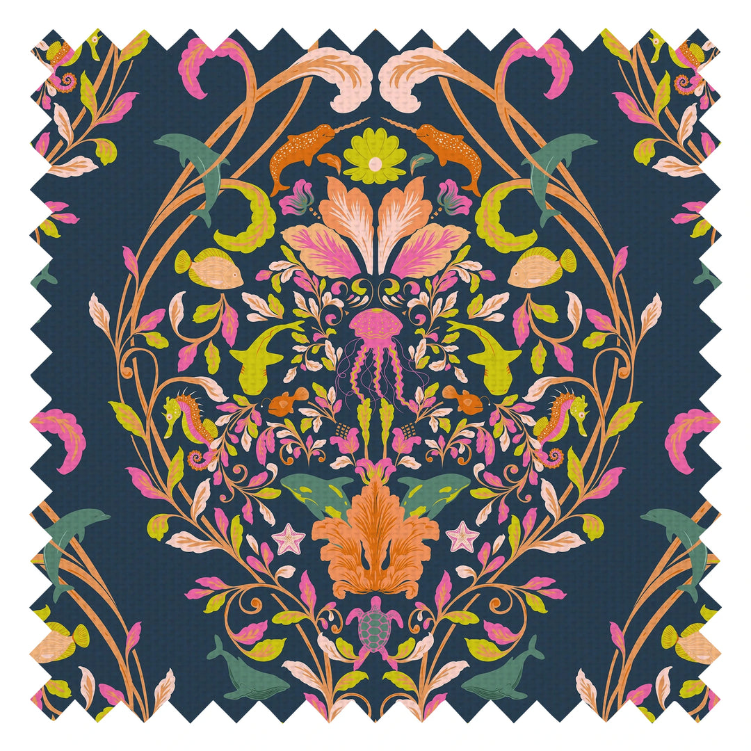 Fantastical Ocean Fabric in Raspberry and Orange Fizz on Deep Ocean Navy