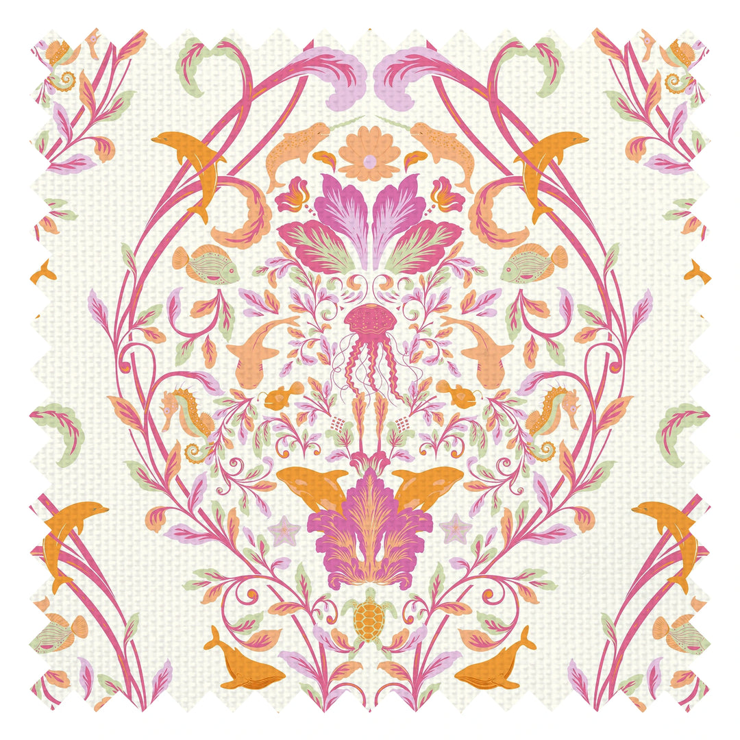 Fantastical Ocean Fabric in Raspberry and Orange Fizz on Vintage Cream