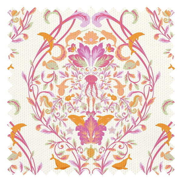 Fantastical Ocean Fabric in Raspberry and Orange Fizz on Vintage Cream