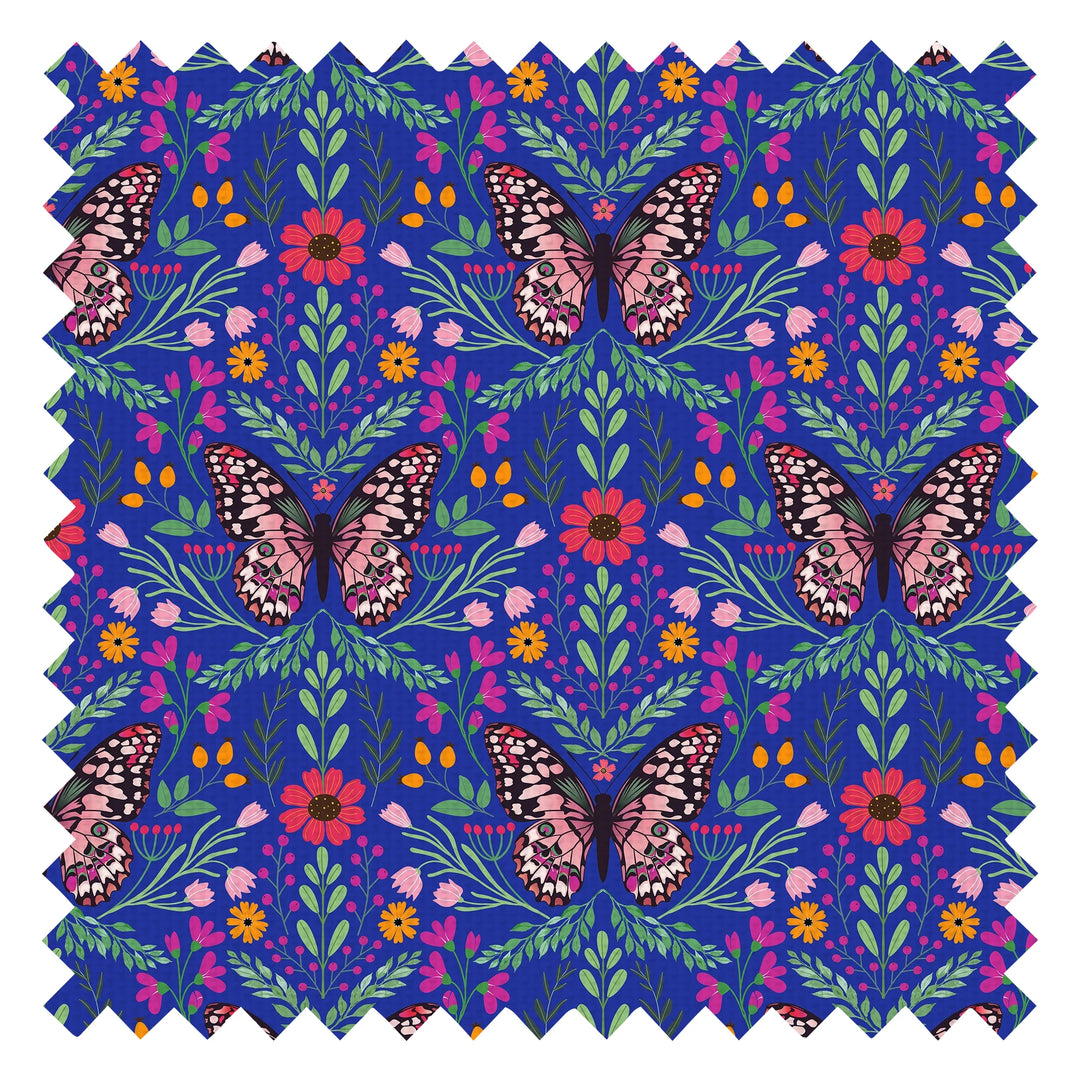 Flutter and Fleur Fabric in Pink and Greens on Royal Blue