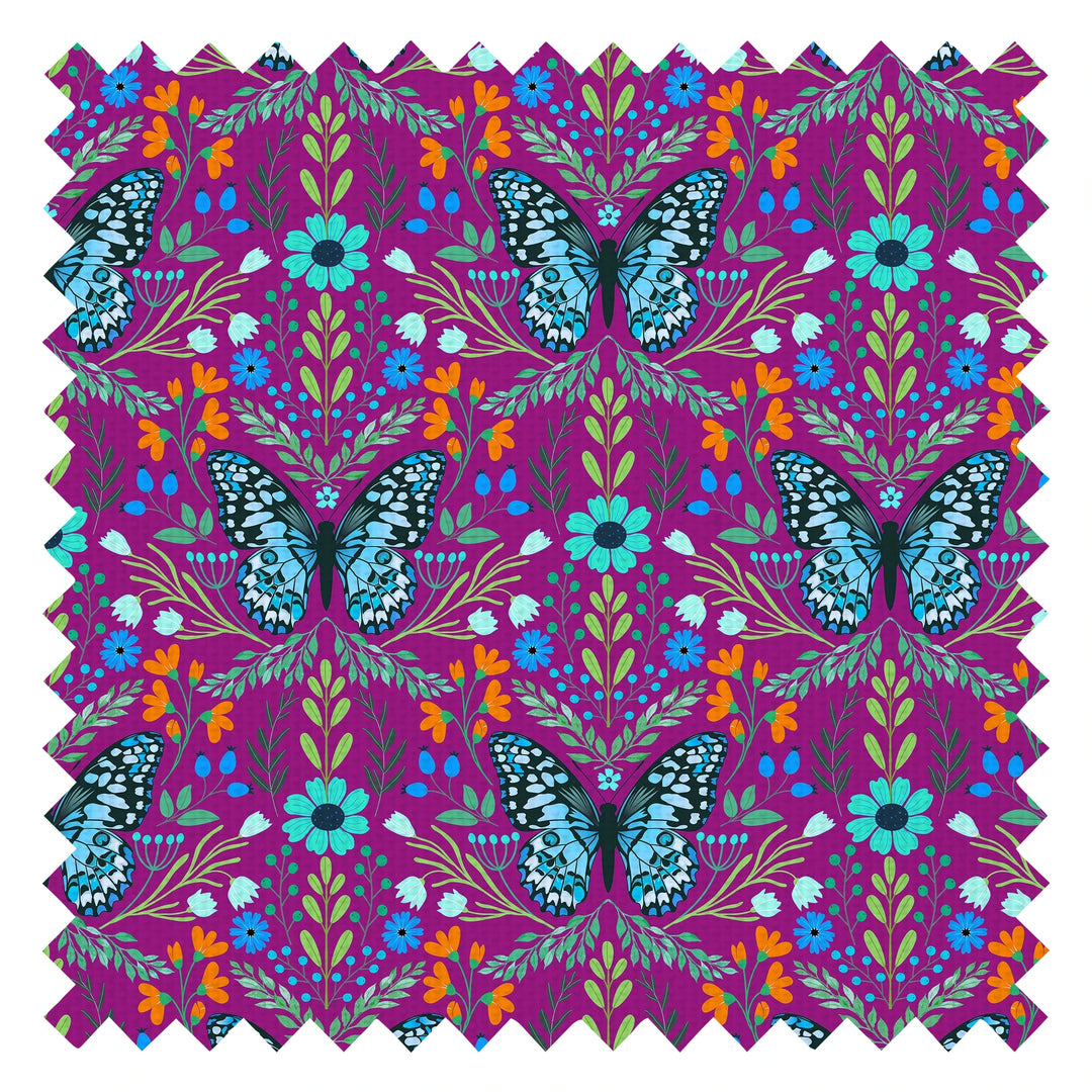 Flutter and Fleur Fabric in Blues and Greens on Velvet Plum