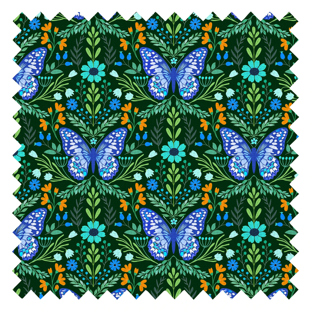 Flutter and Fleur Fabric in Blues and Greens on Deep Green