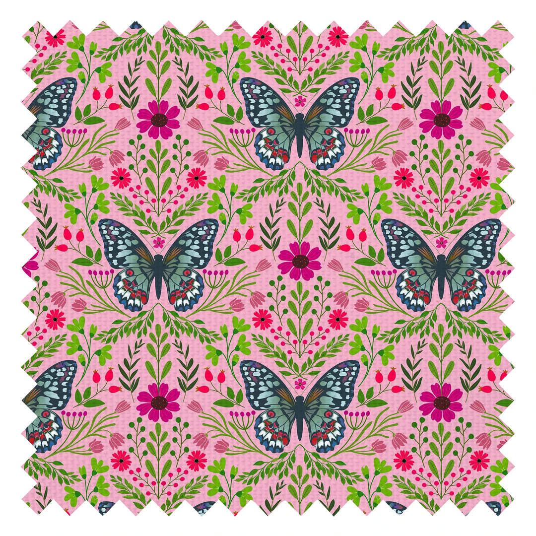 Flutter and Fleur Fabric in Blues and Hot Pink on Sweet Pink