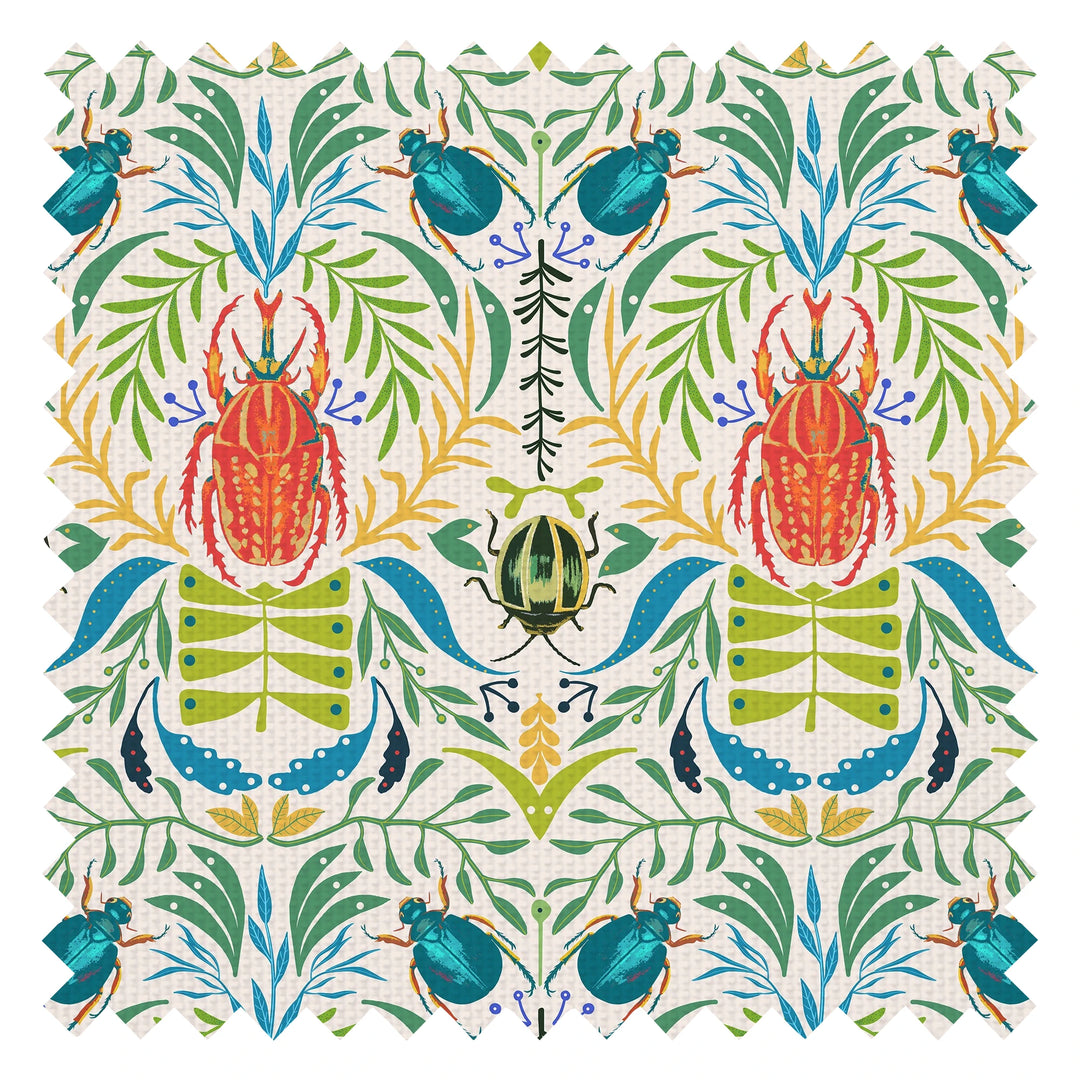 Sacred Scarabs Fabric in Orange and Turquoise on Vintage Cream