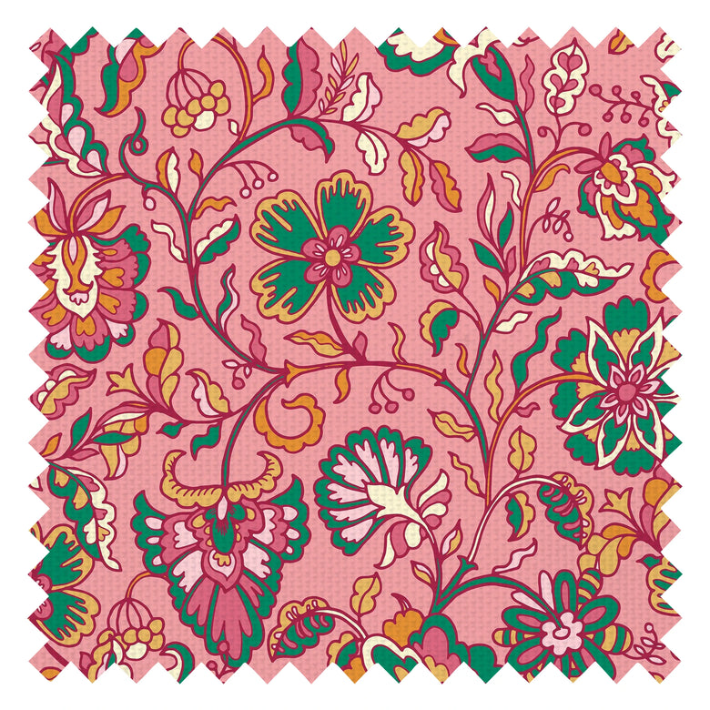 Botanical Boho Fabric in Green and Yellow on Pink