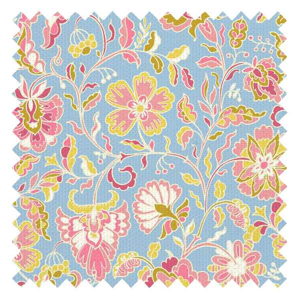 Botanical Boho Fabric in Pink and Yellow on Blue