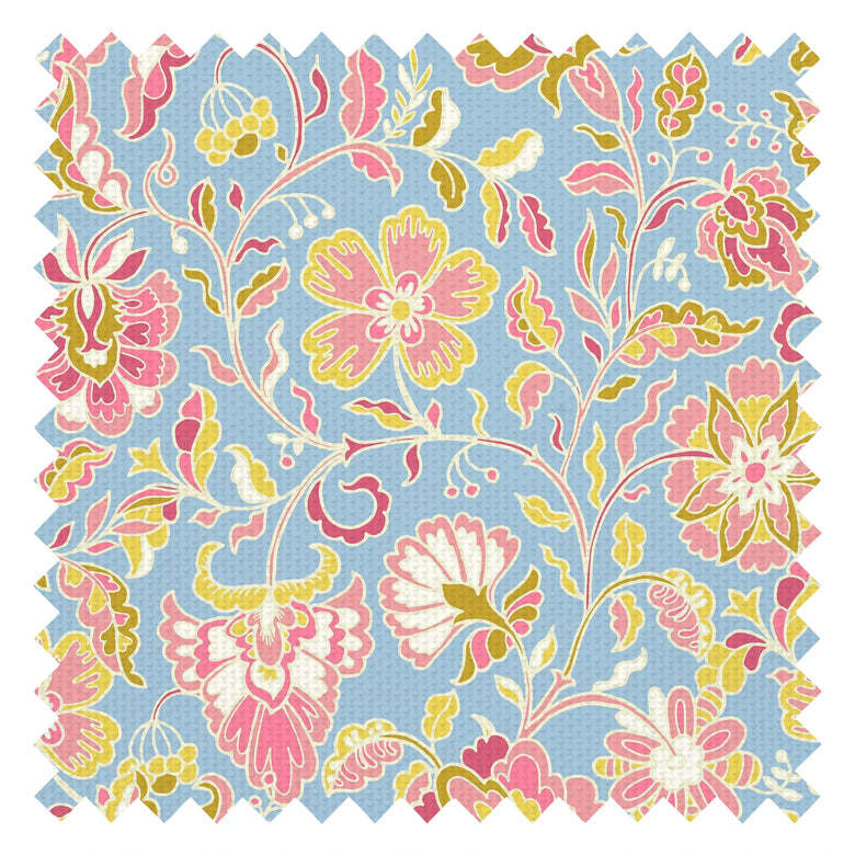 Botanical Boho Fabric in Pink and Yellow on Blue