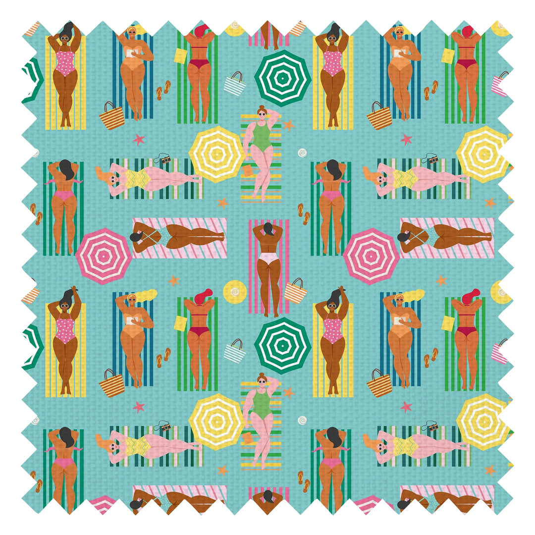 Sunbathing Bliss Fabric in Brights on Blue