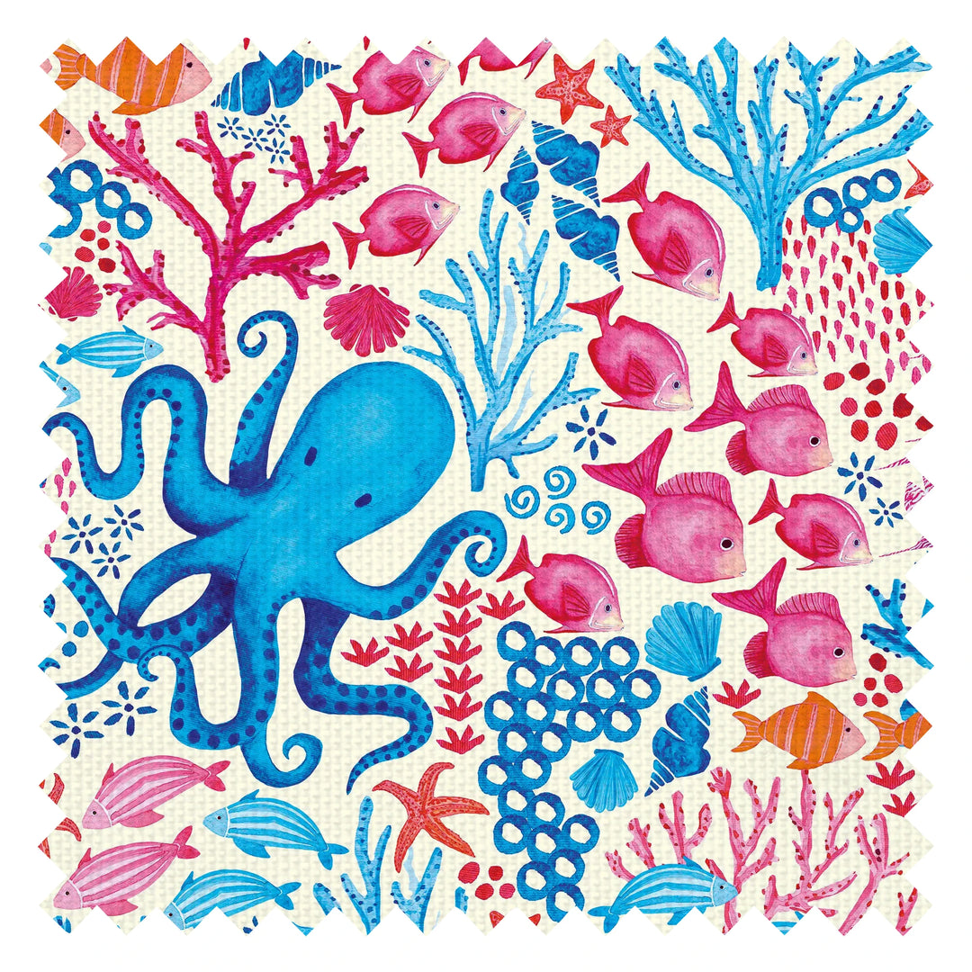 Beneath the Waves Fabric in Blue and Pink on Cream