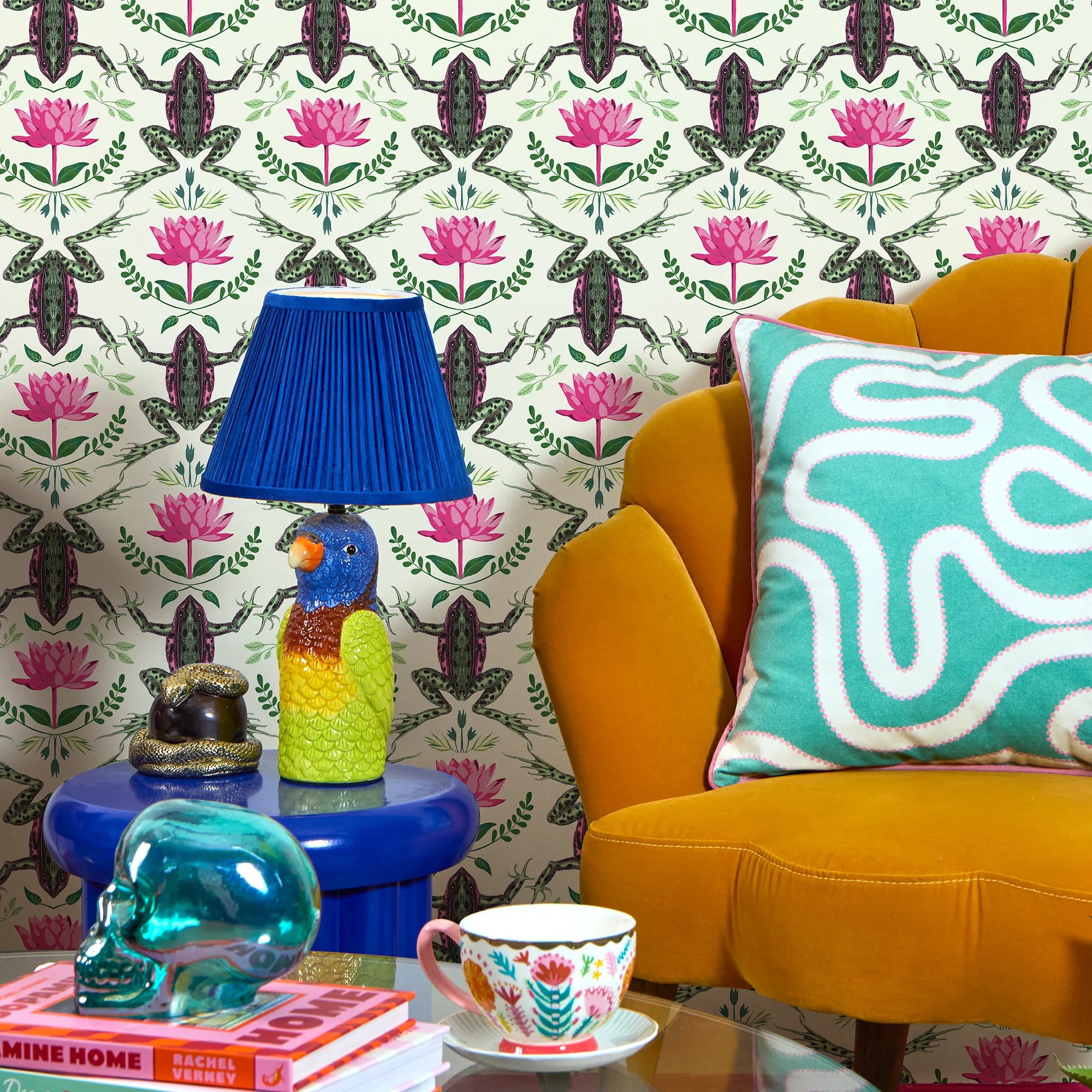 A Prince amongst the Flora Wallpaper in Mottled Green and Hot Pink on Cream