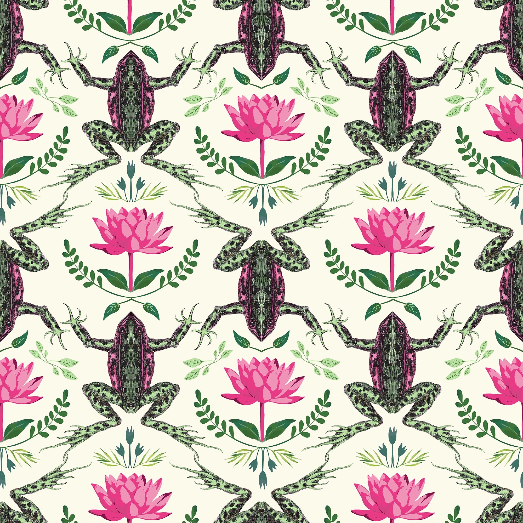 A Prince amongst the Flora Wallpaper in Mottled Green and Hot Pink on Cream