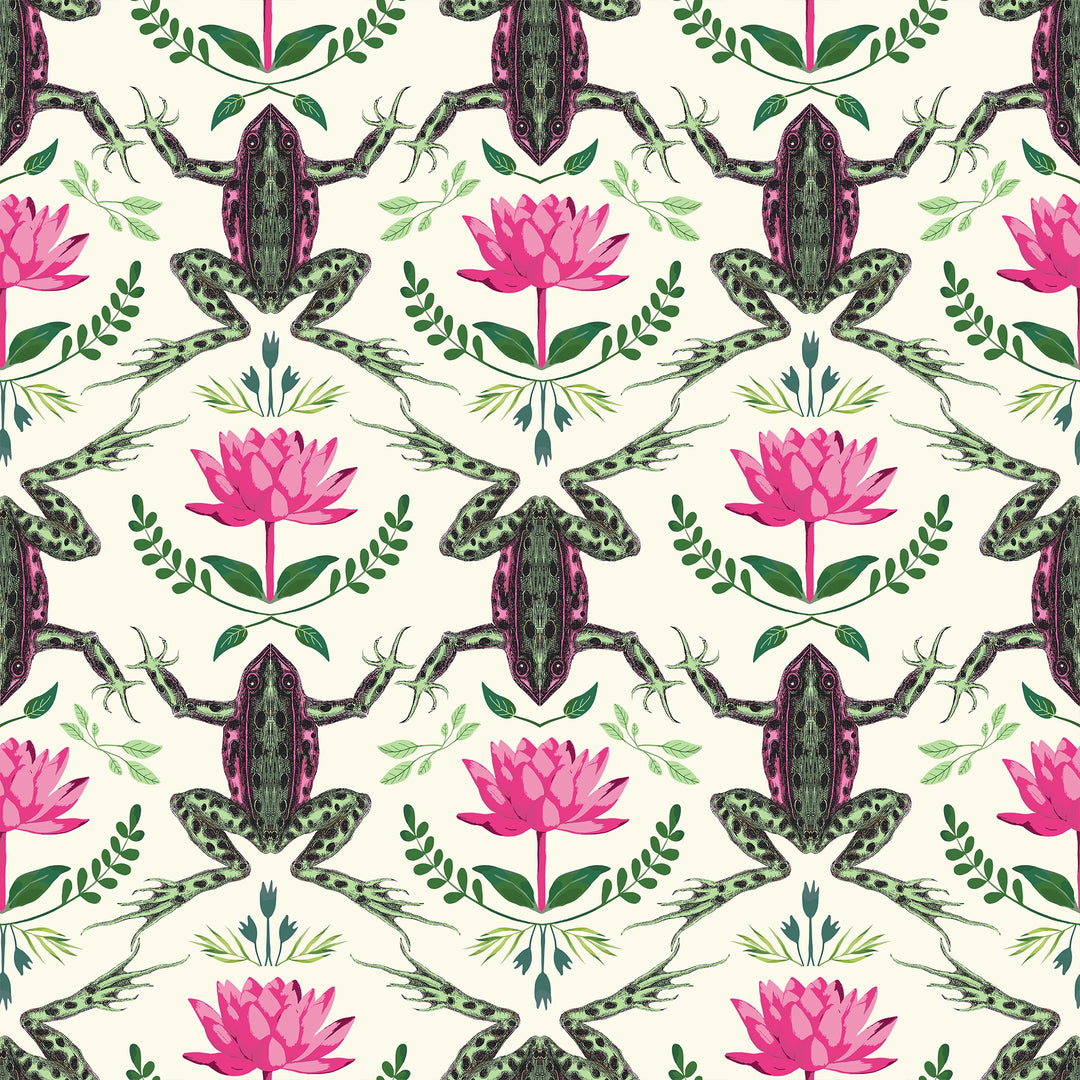 A Prince amongst the Flora Wallpaper in Mottled Green and Hot Pink on Cream