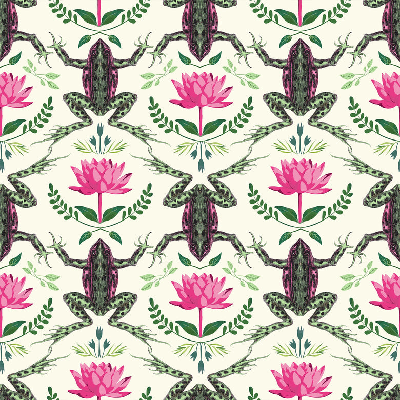 A Prince amongst the Flora Wallpaper in Mottled Green and Hot Pink on Cream