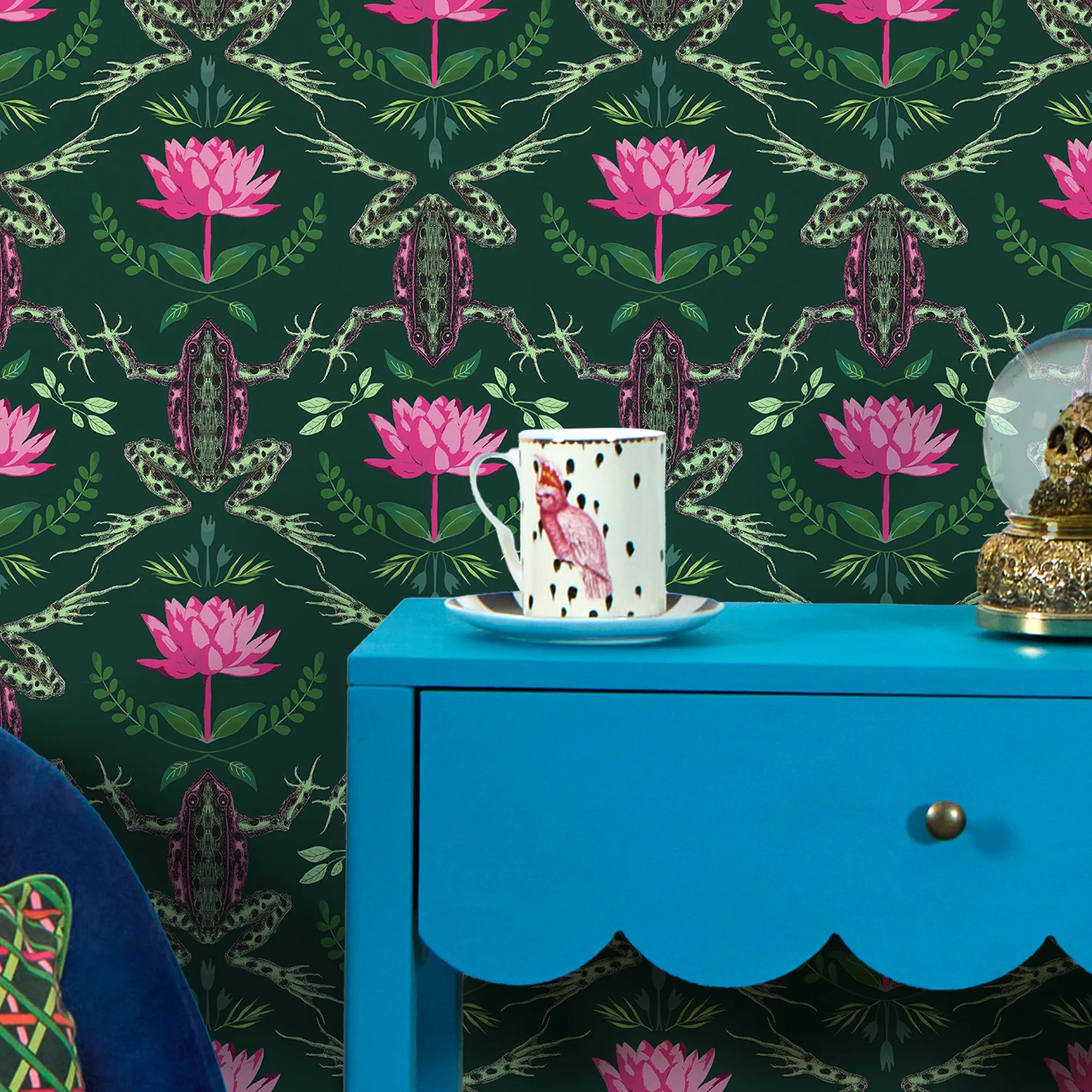 A Prince amongst the Flora Wallpaper in Mottled Green and Hot Pink on Deep Green