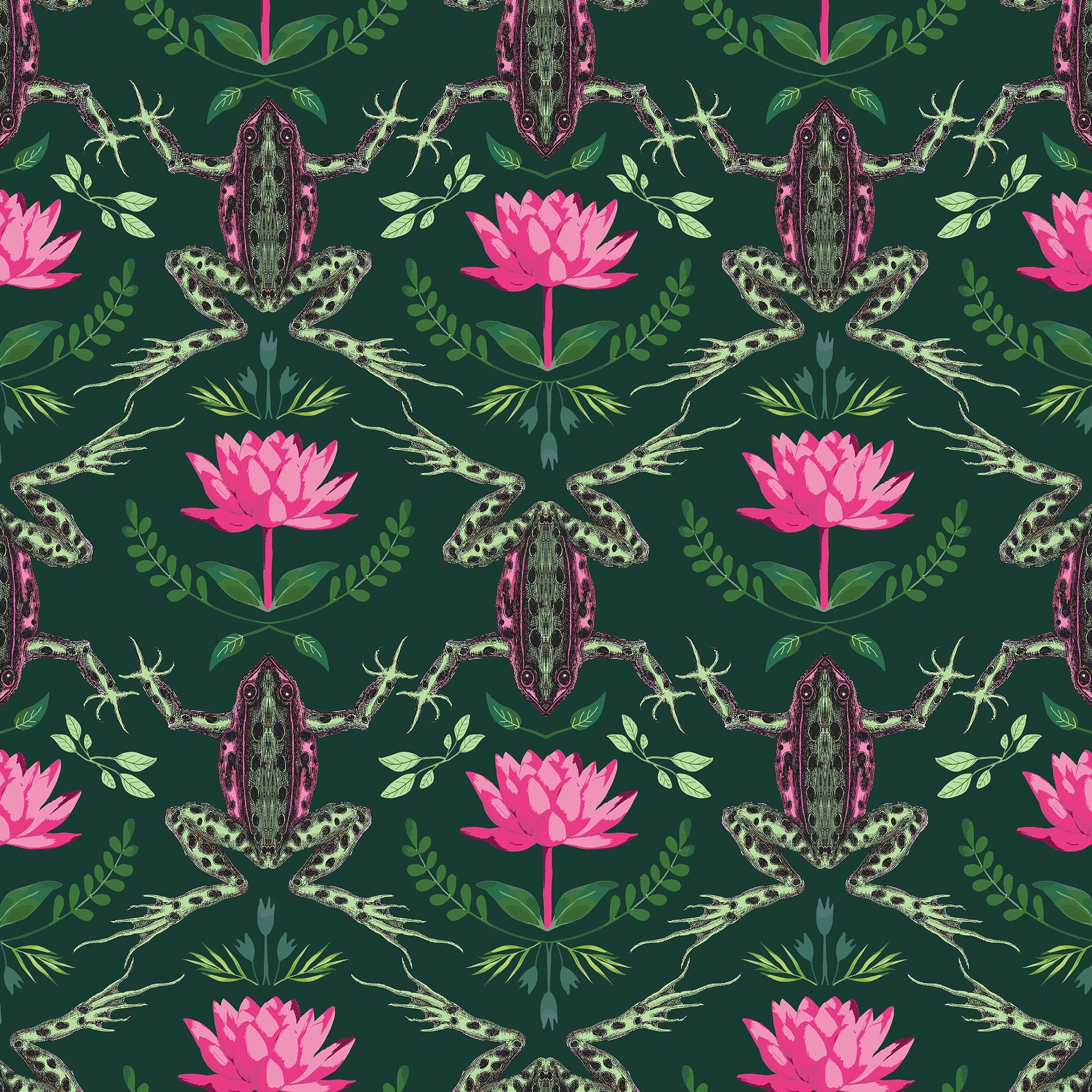 A Prince amongst the Flora Wallpaper in Mottled Green and Hot Pink on Deep Green