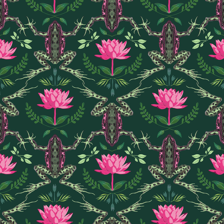 A Prince amongst the Flora Wallpaper in Mottled Green and Hot Pink on Deep Green