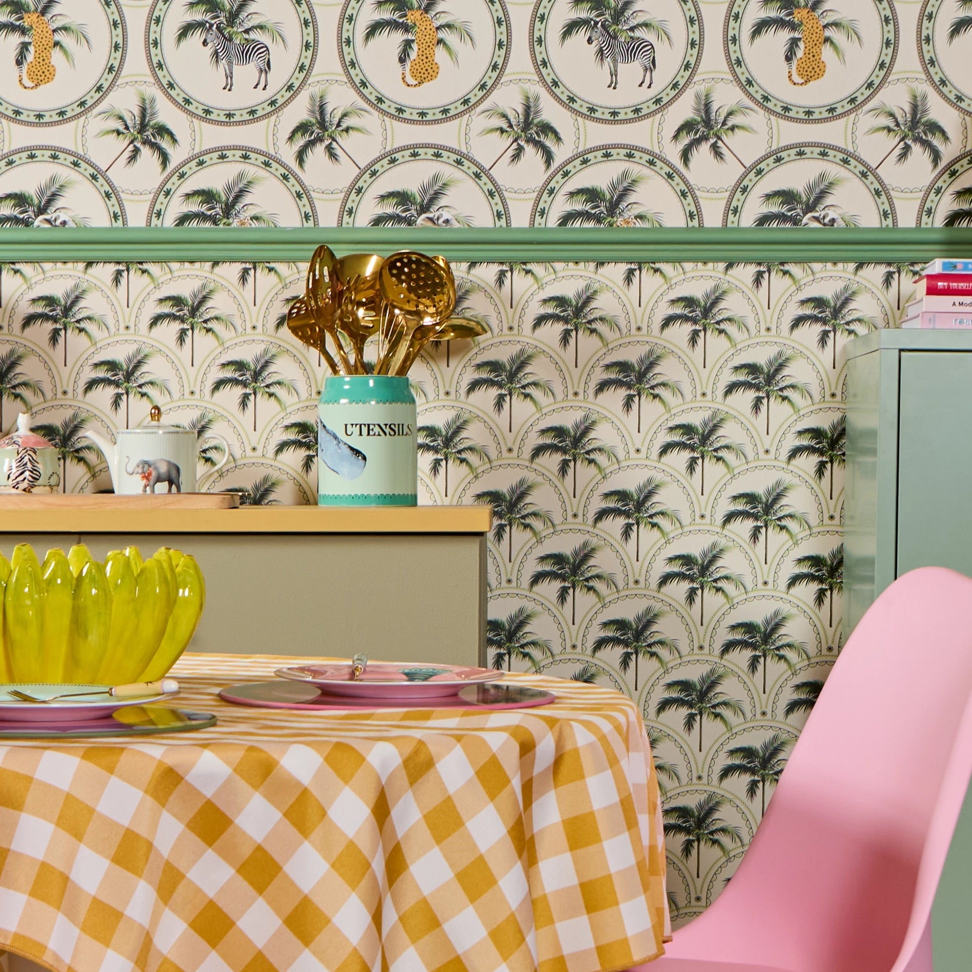 Arch of Palms Wallpaper in Greens on Cream