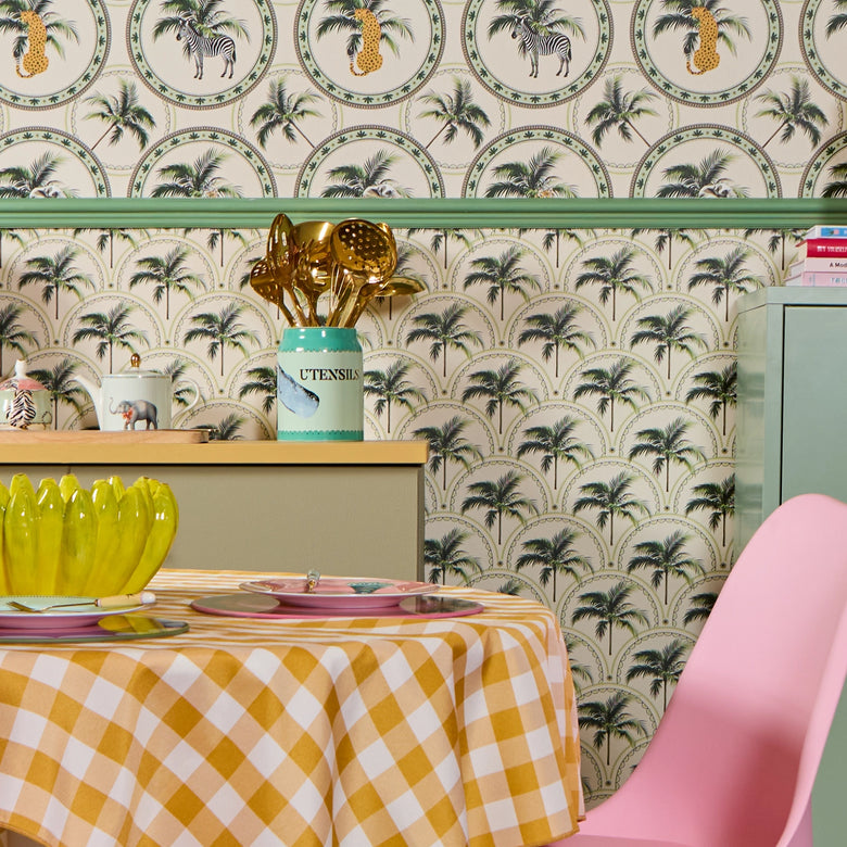 Arch of Palms Wallpaper in Greens on Cream