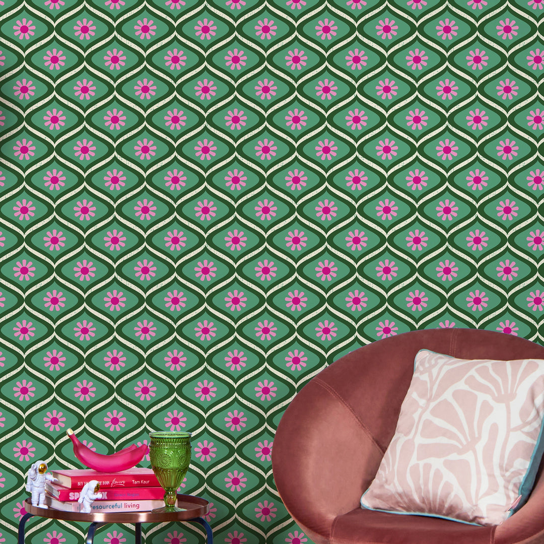 Atomic Teardrop Wallpaper in Candy Pink and Apple Green