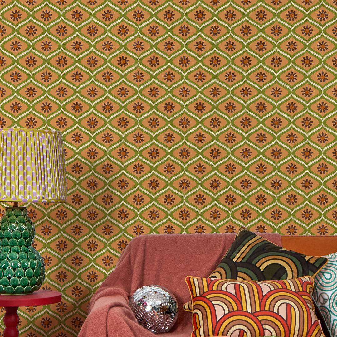 Atomic Teardrop Wallpaper in Chocolate Brown and Orange