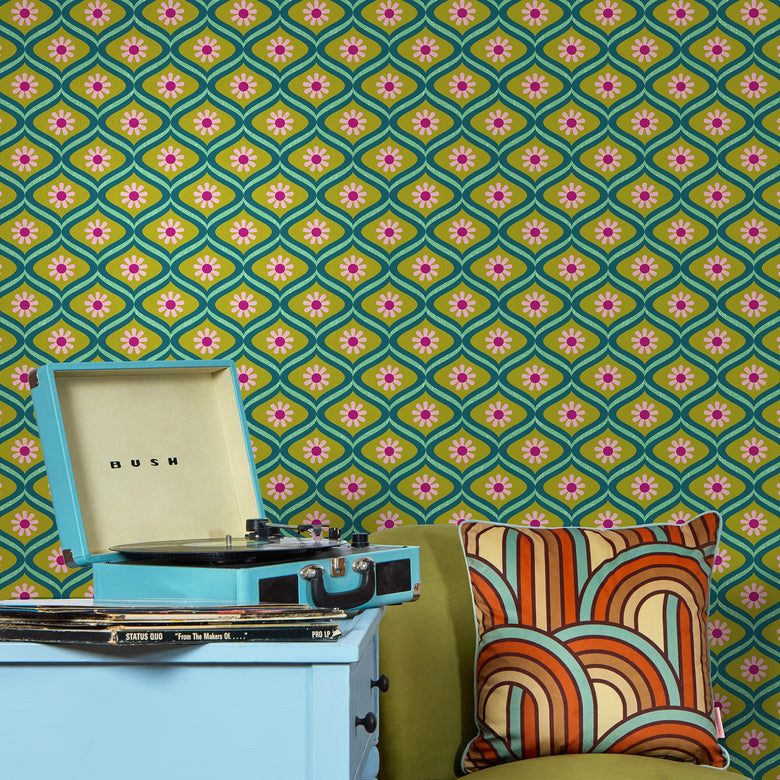 Atomic Teardrop Wallpaper in Pink and Avocado