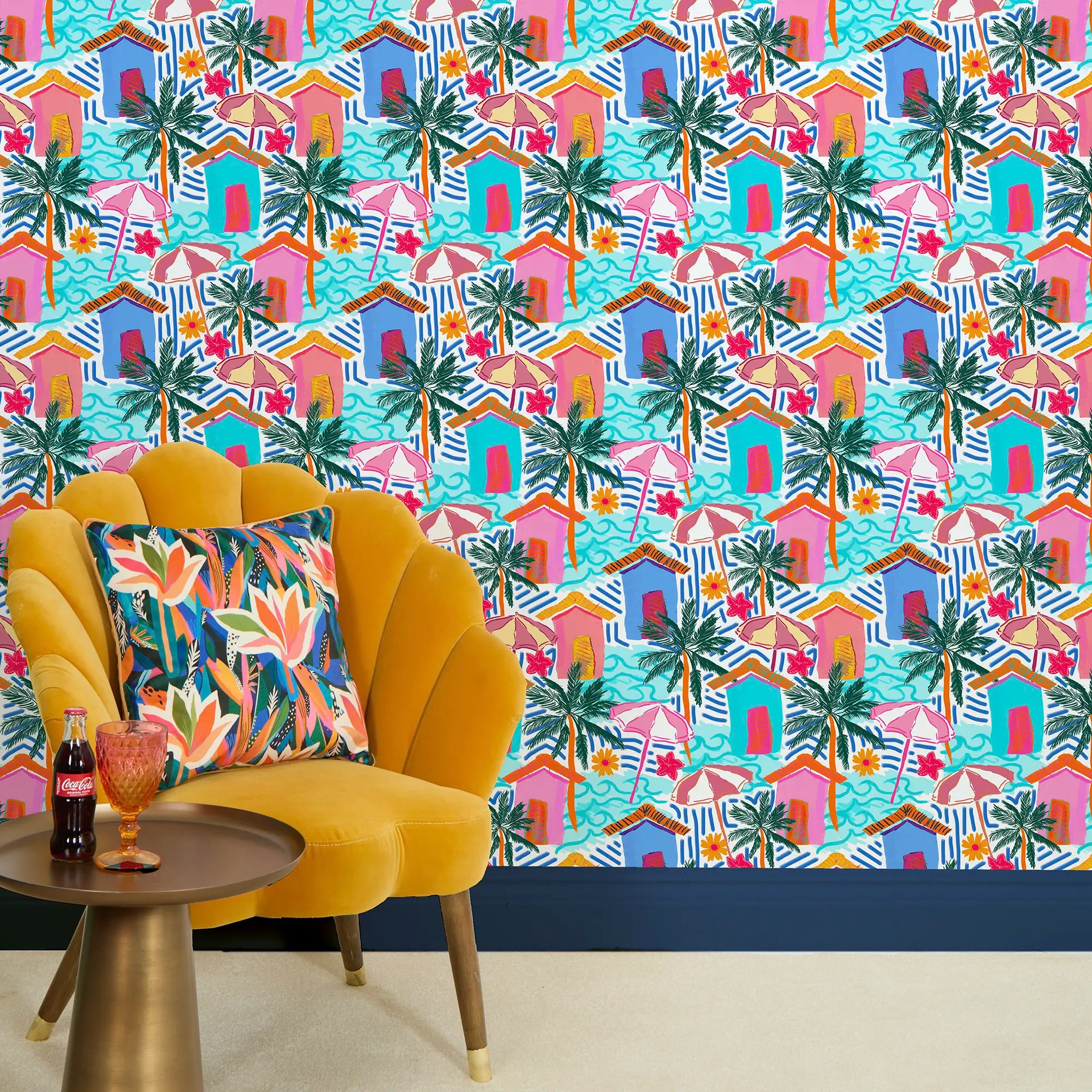 Beach Hut Bonanza Wallpaper in Pinks and Blues