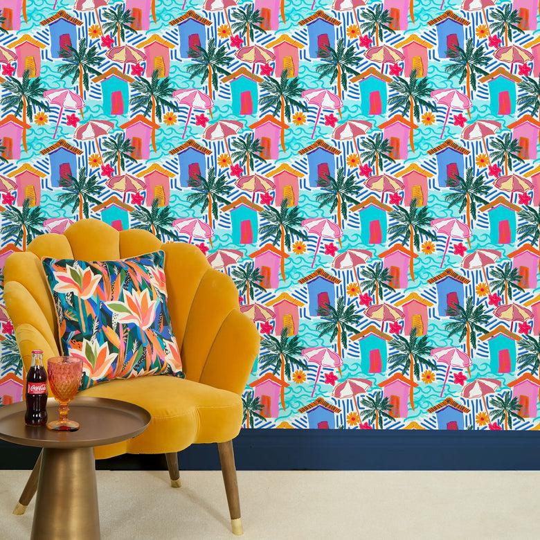 Beach Hut Bonanza Wallpaper in Pinks and Blues