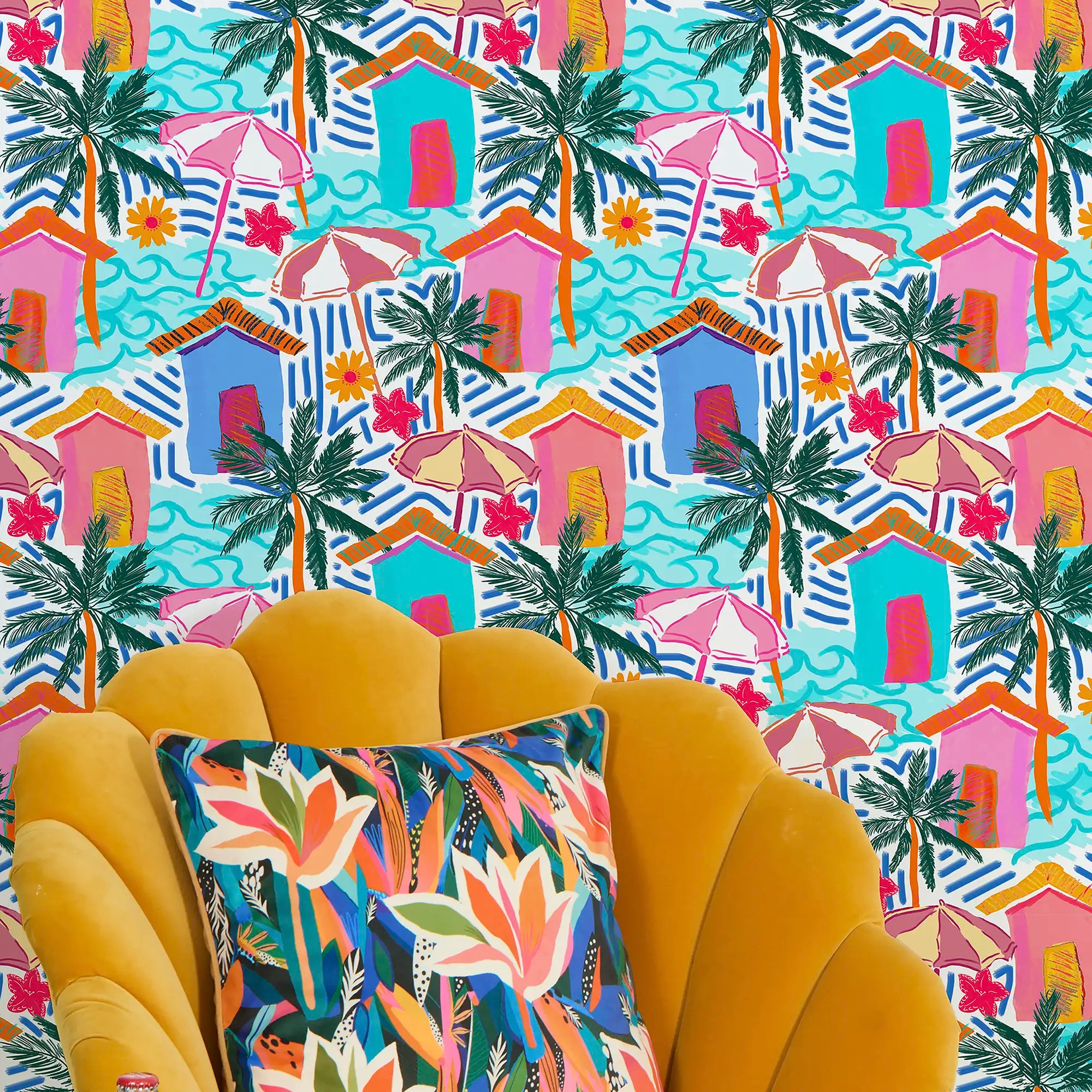 Beach Hut Bonanza Wallpaper in Pinks and Blues