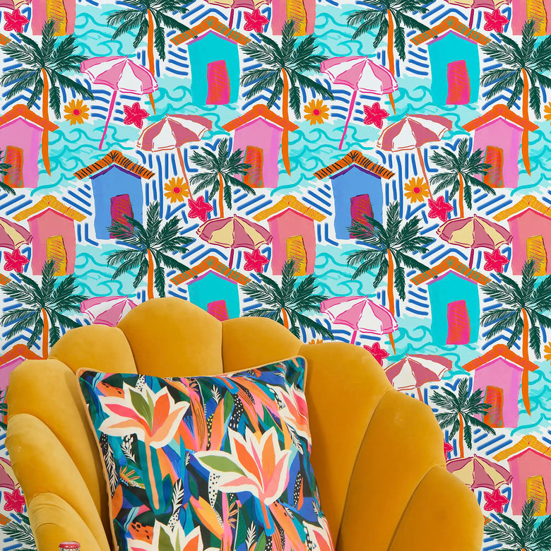Beach Hut Bonanza Wallpaper in Pinks and Blues