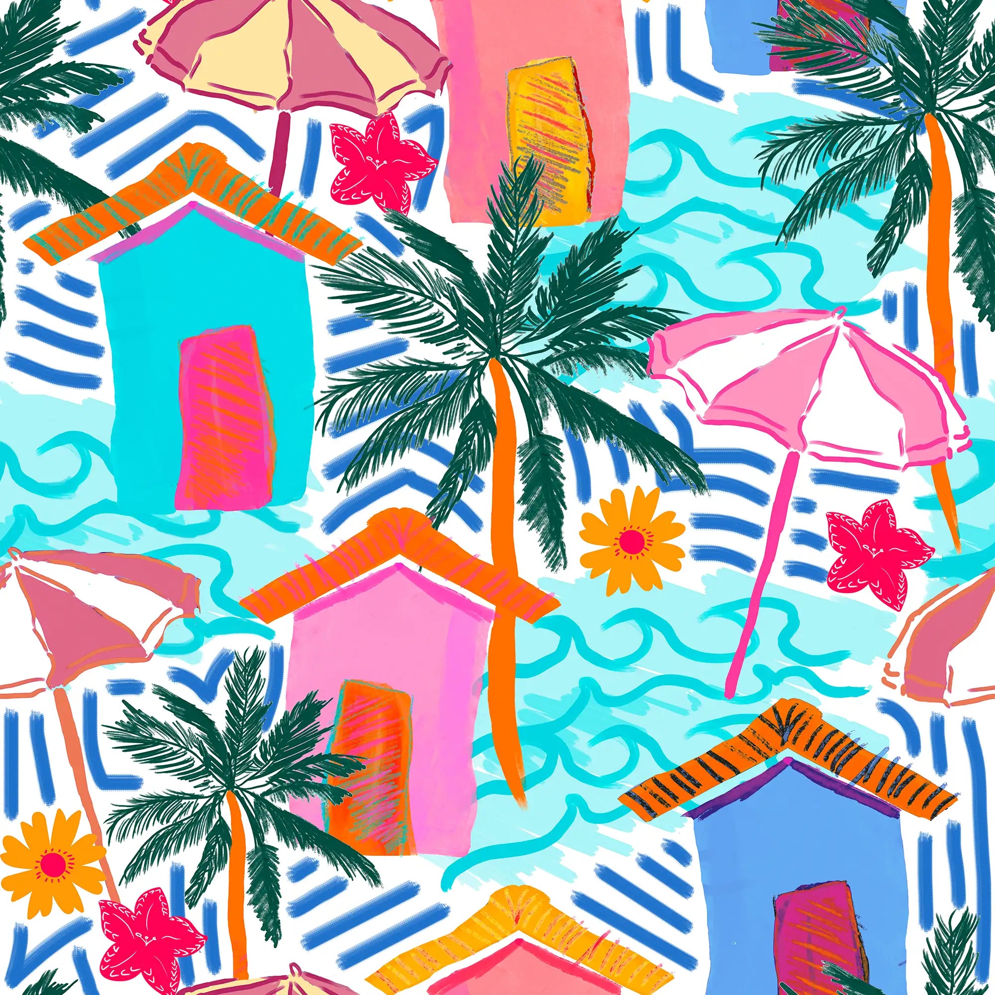 Beach Hut Bonanza Wallpaper in Pinks and Blues